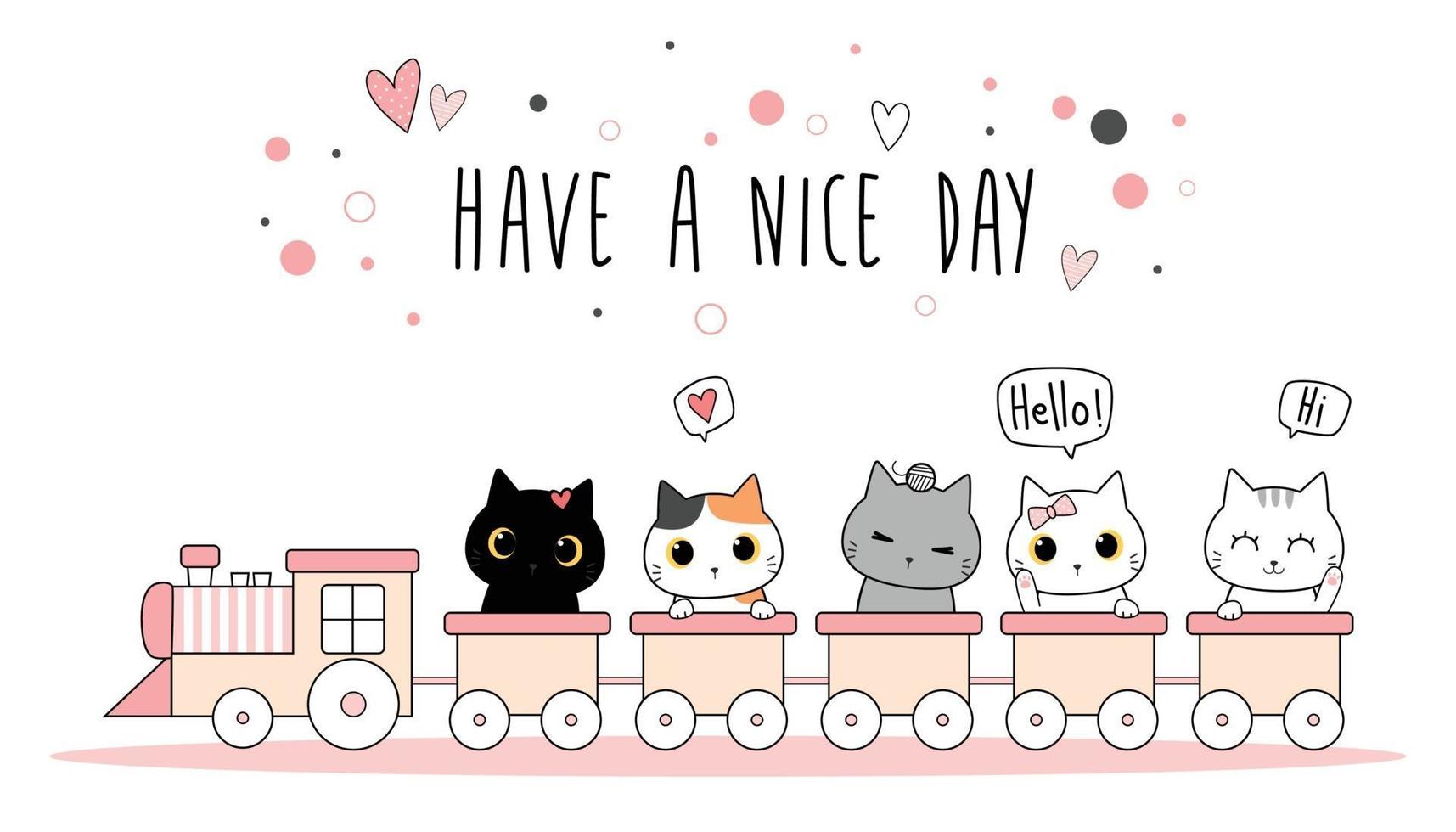 Cute cat kitten riding train greeting cartoon doodle vector