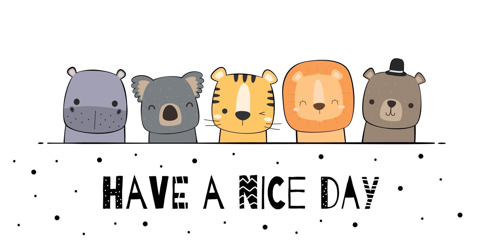 Cute hippo koala tiger lion teddy bear animals greeting cartoon doodle vector
