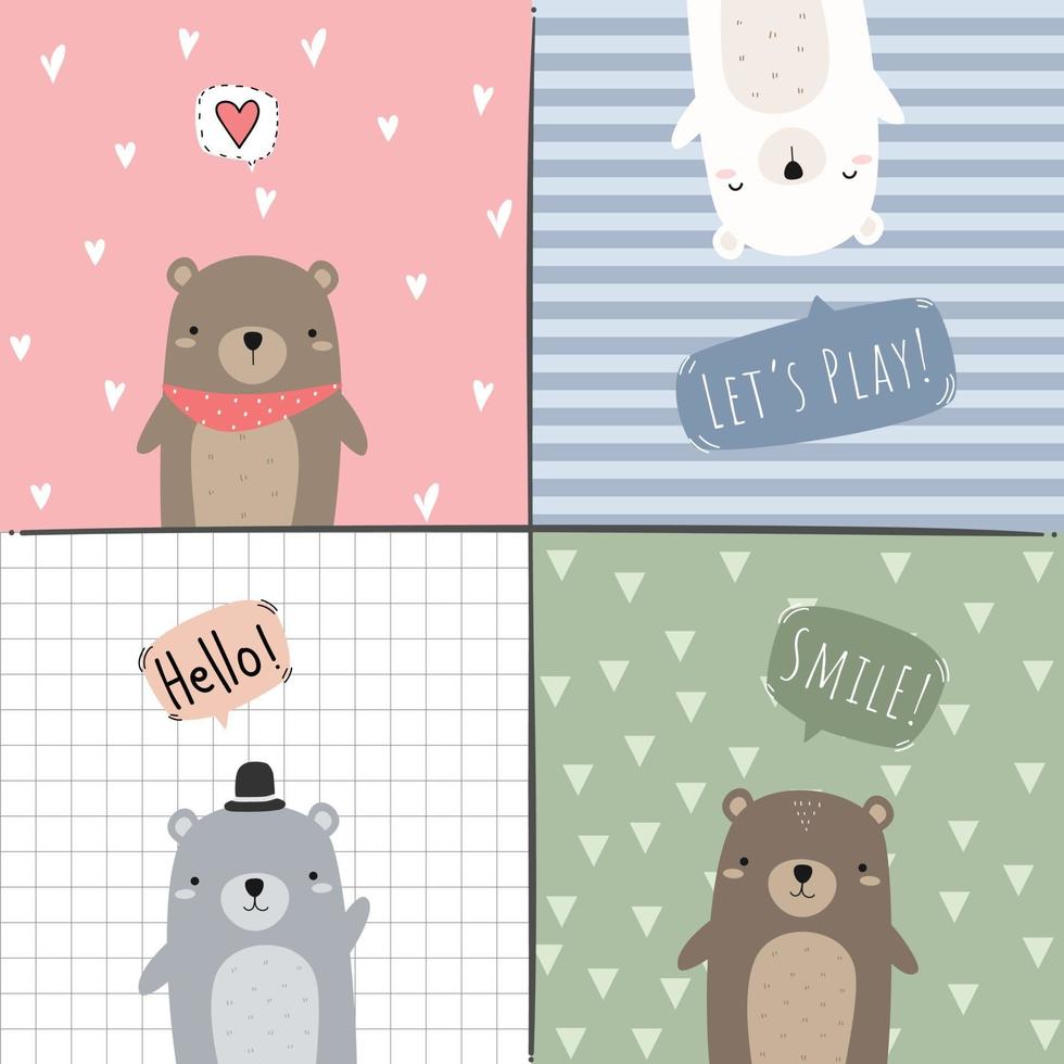 conjunto de lindo oso de peluche y conjunto de tarjetas de dibujos animados de oso polar vector