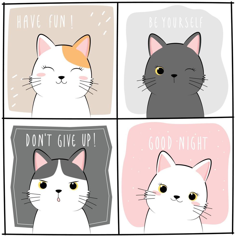 Set of Cute cat kitten greeting cartoon doodle card set vector
