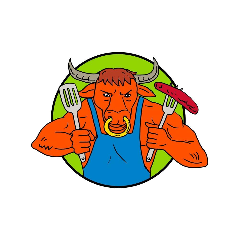 Bull Holding Barbecue Sausage Drawing Color vector