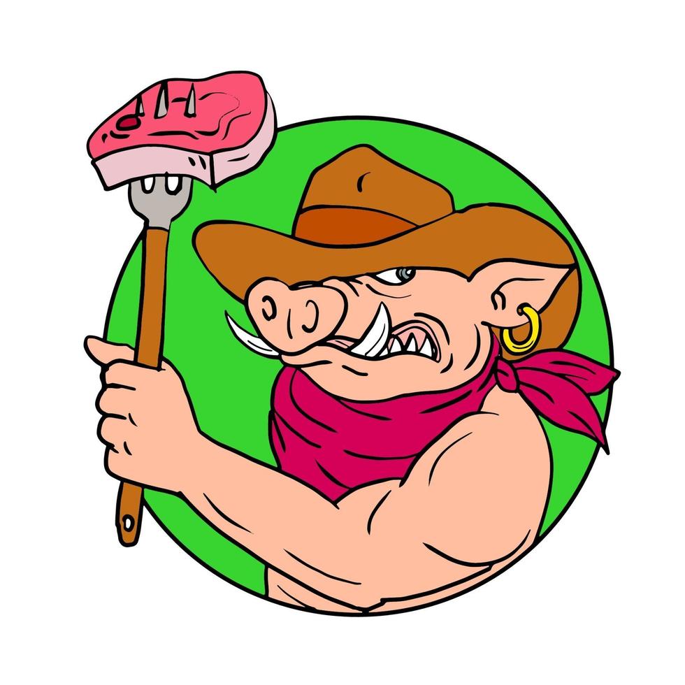 cerdo vaquero, tenencia, barbacoa, bistec, dibujo, color vector