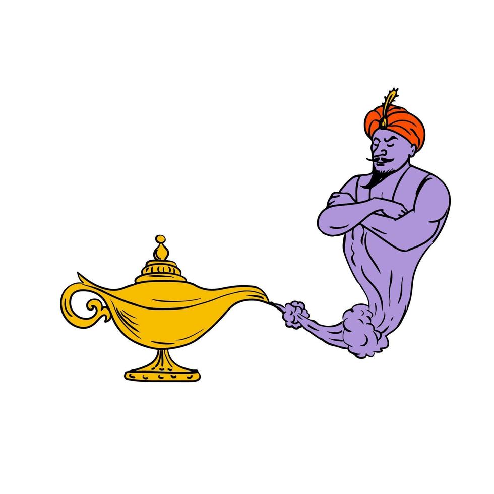 Genie Coming Out of Golden Oil Lamp Color Drawing vector