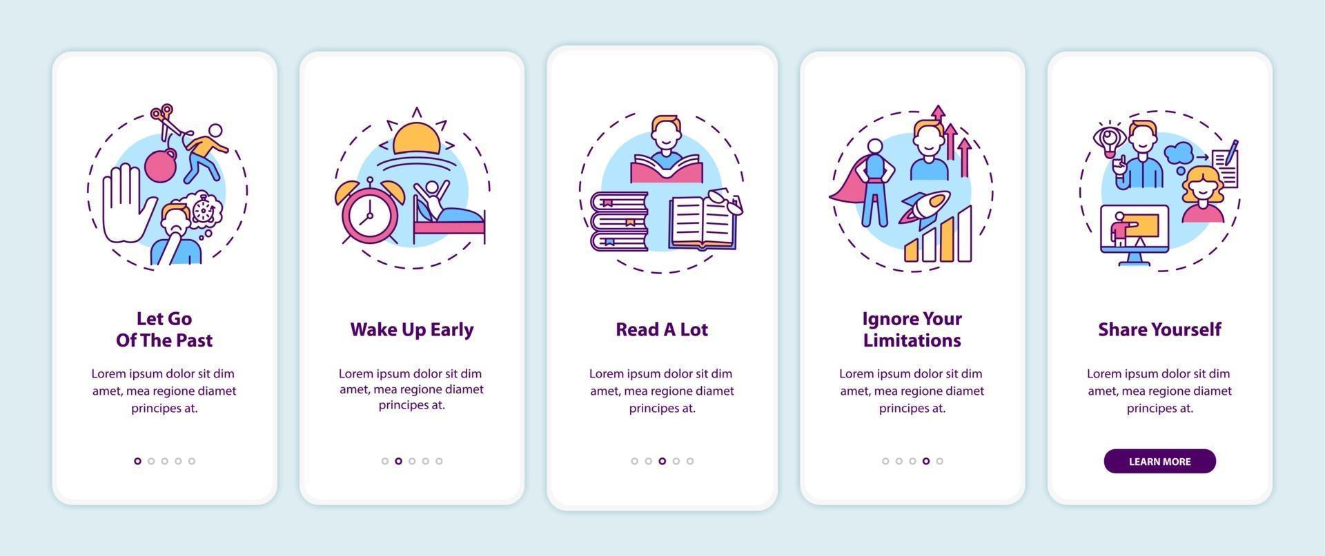 Self-development tips onboarding mobile app page screen with concepts set vector