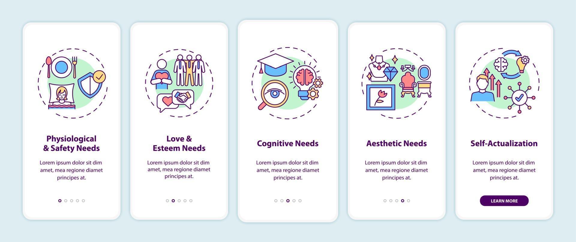 Human being needs onboarding mobile app page screen with concepts vector