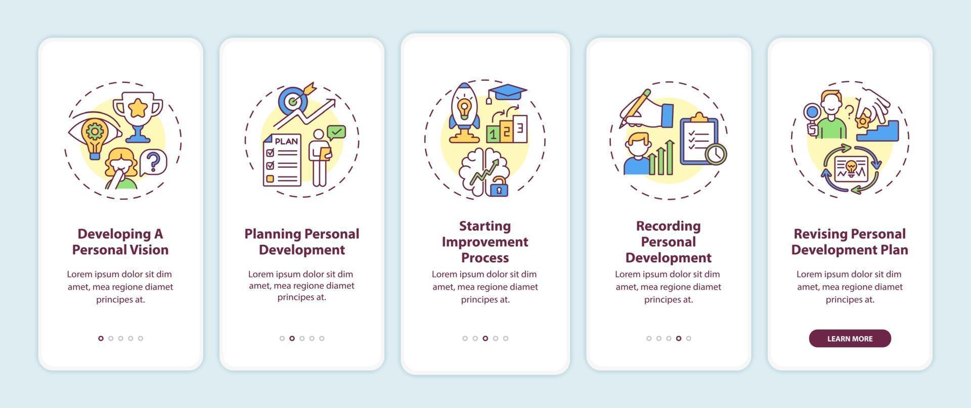Personal development steps onboarding mobile app page screen with concepts vector