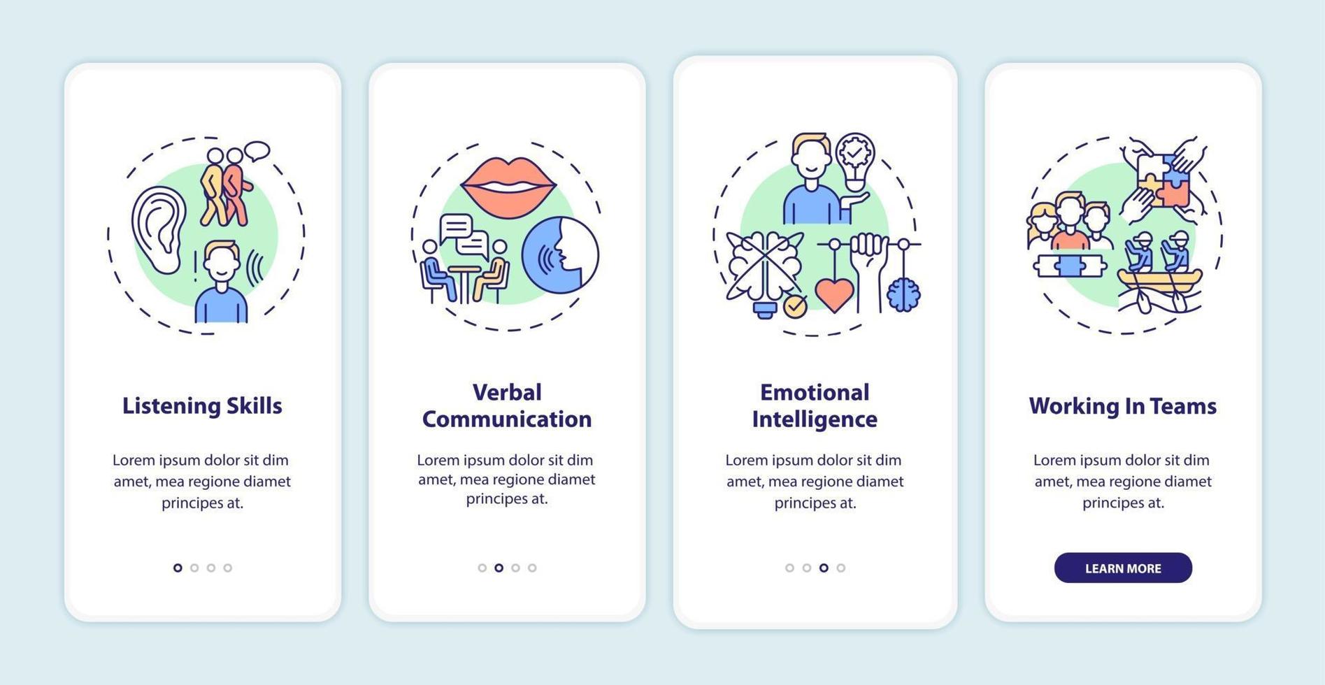 categorías de autoevaluación de habilidades interpersonales incorporación de la pantalla de la página de la aplicación móvil con conceptos vector