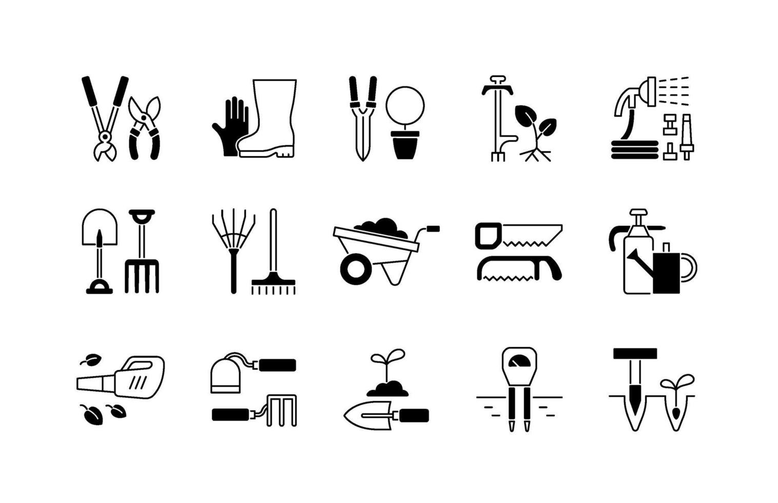 Gardening tools black linear icons set vector