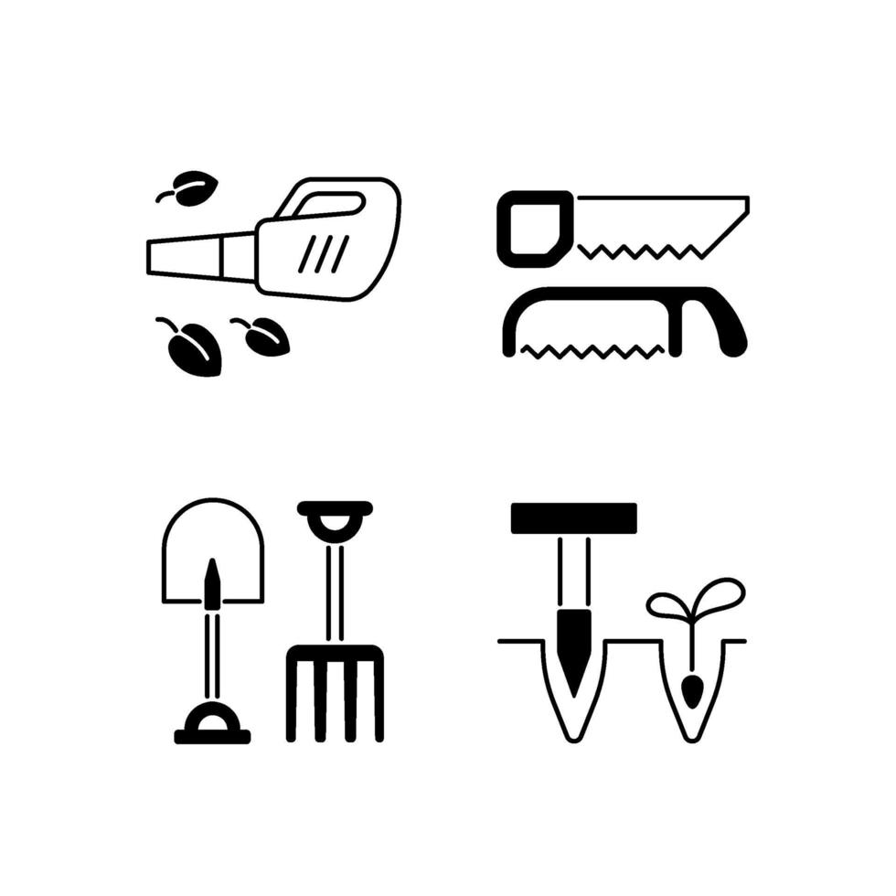 Garden instruments black linear icons set vector