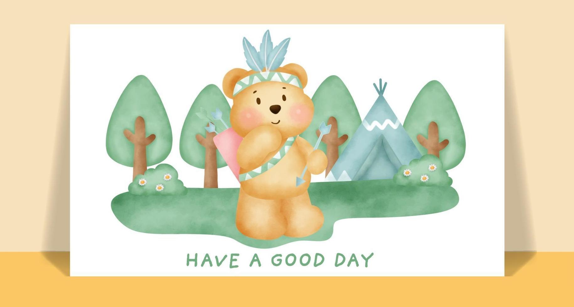 Watercolor cute boho teddy bear in the forest greeting card. vector