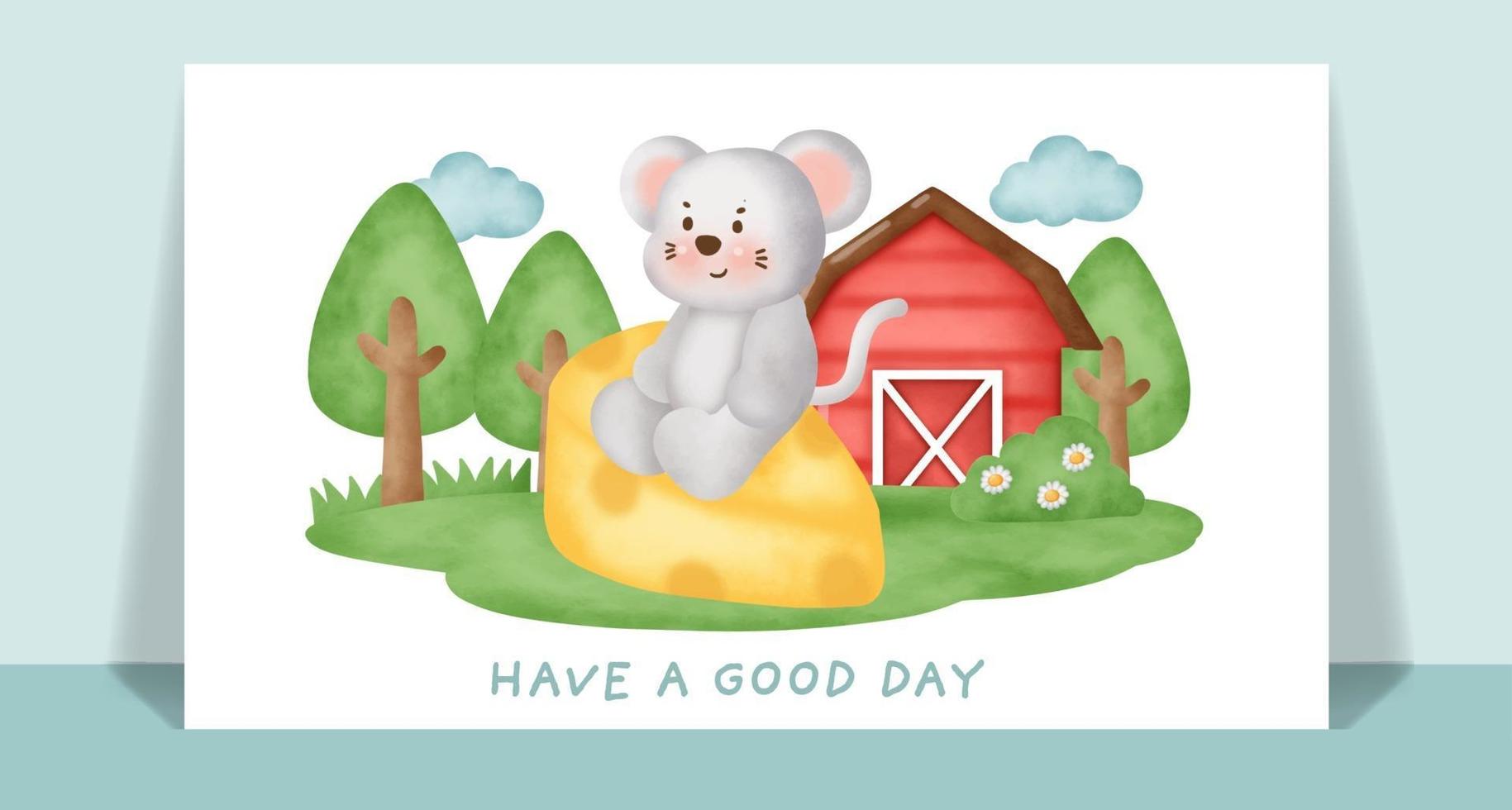 Watercolor cute rat in the farm for greeting card. vector