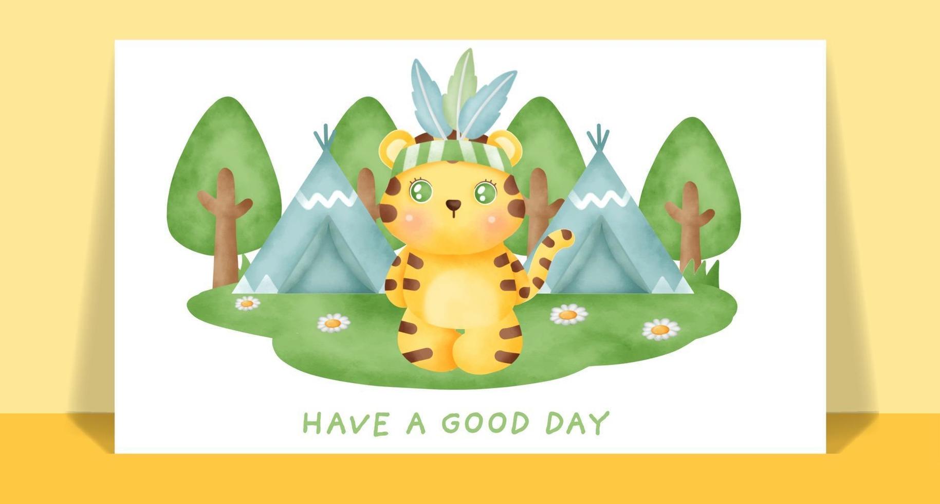Watercolor cute boho tiger in the forest greeting card. vector