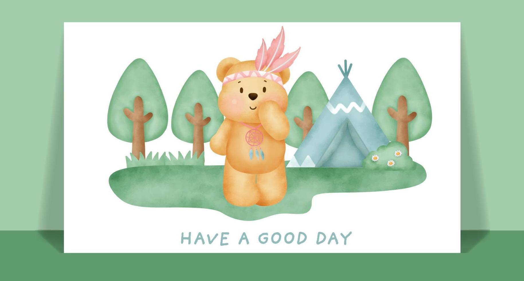 Watercolor cute boho teddy bear in the forest greeting card. vector