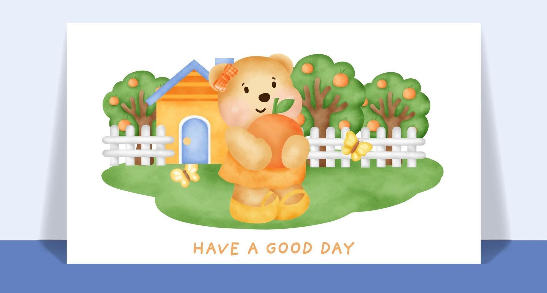 Watercolor cute teddy bear  in garden card. vector