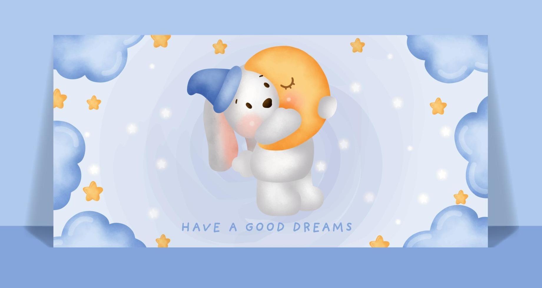 Watercolor cute rabbit sleeping on the moon card. vector