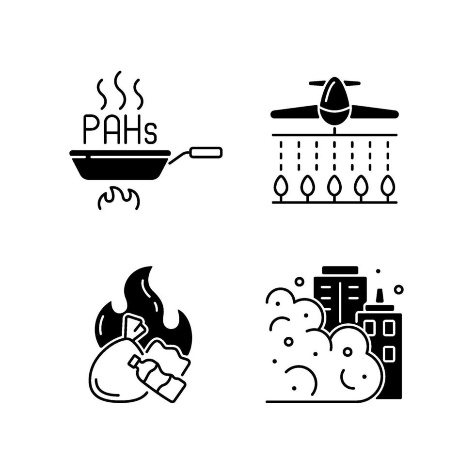 Air pollution black linear icons set vector