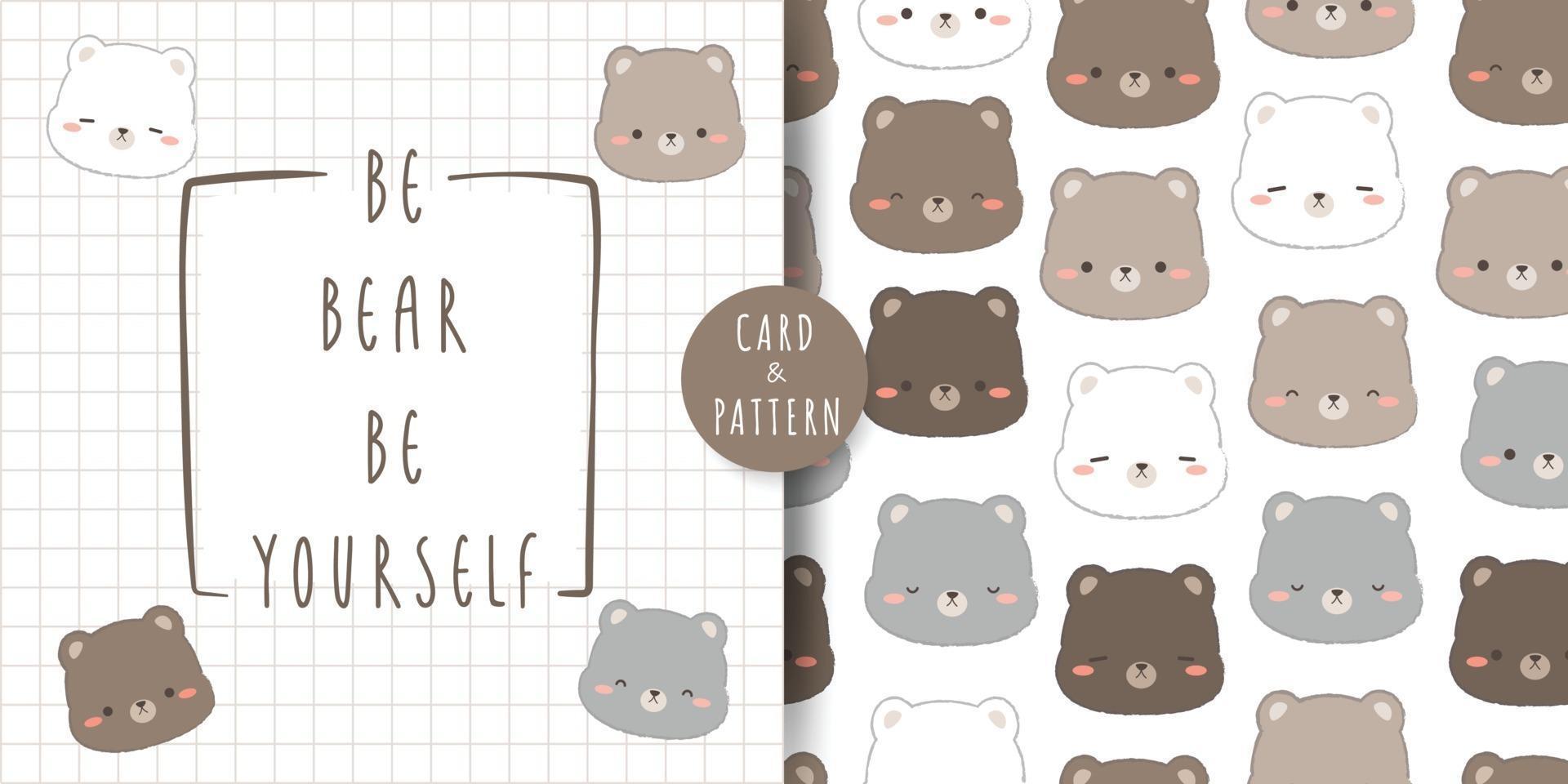 Cute chubby teddy bear and polar bear head cartoon doodle card and seamless pattern bundle vector