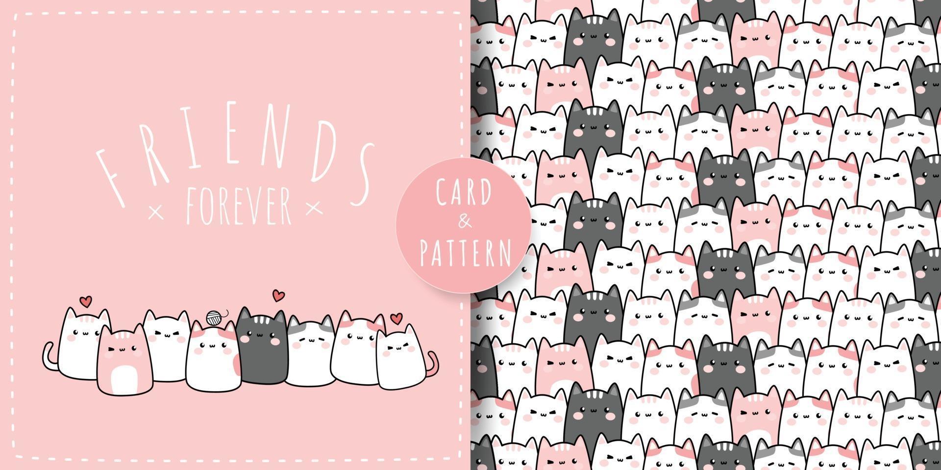 Cute pink pastel chubby cat friends greeting cartoon doodle card and seamless pattern bundle vector