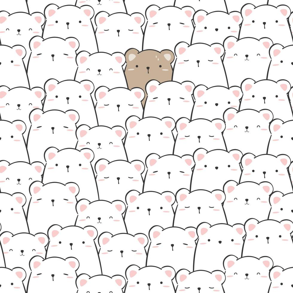 Cute teddy bear surrounded by polar bears funny cartoon doodle seamless pattern vector