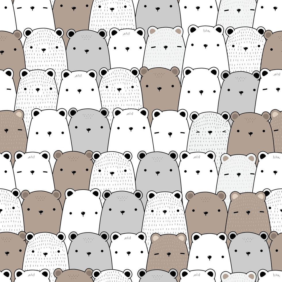 Cute teddy bear and polar bear cartoon doodle seamless pattern vector