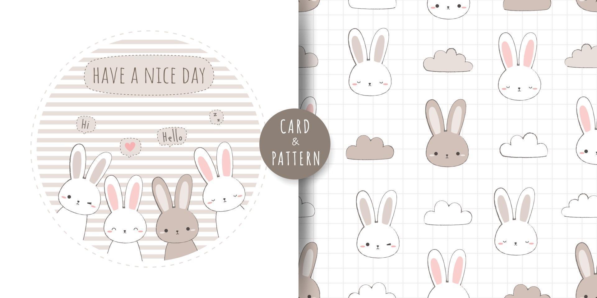 Tarjeta linda del doodle de la historieta del saludo del conejito del conejo y paquete de patrones sin fisuras vector