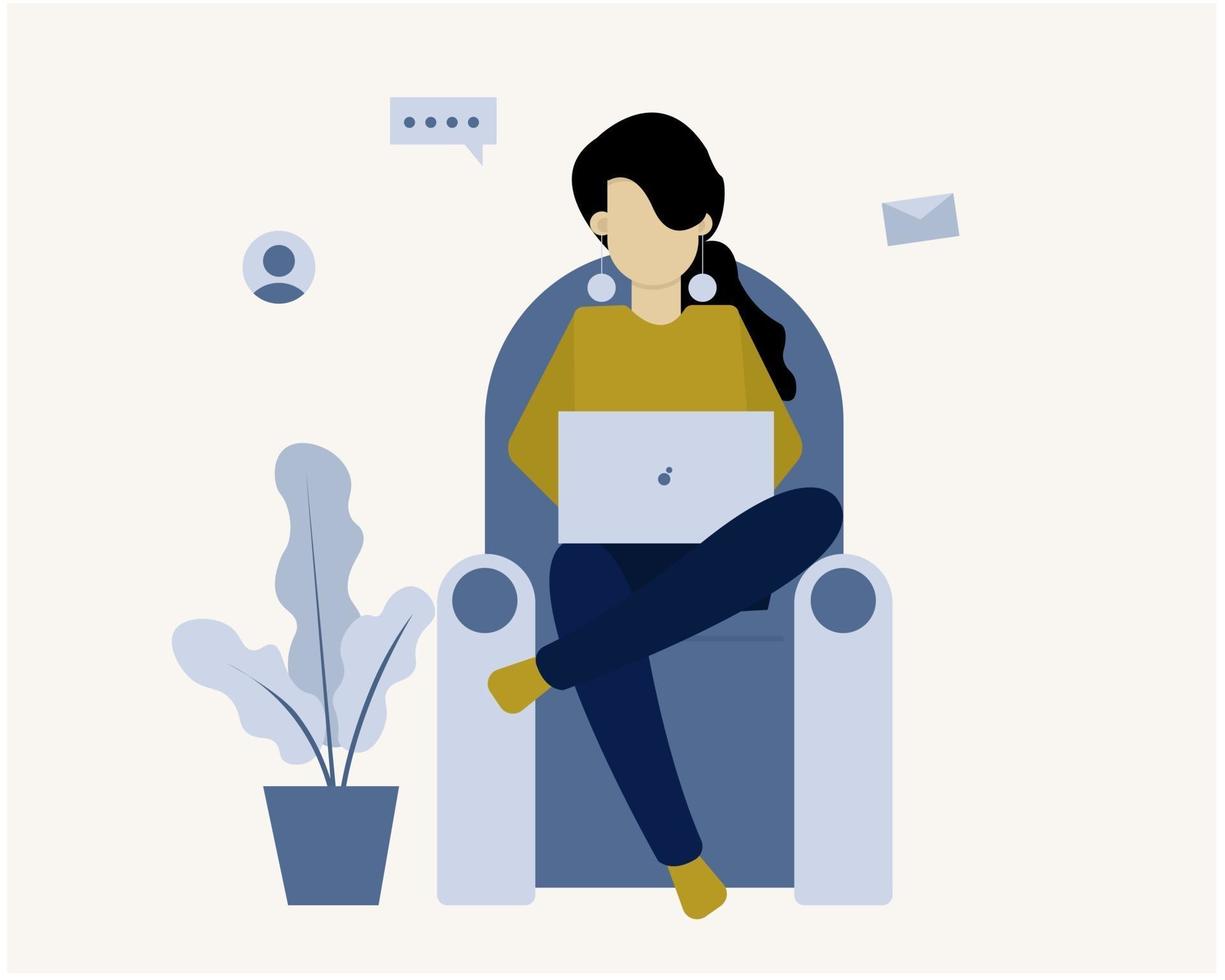 Girl with laptop sitting on the sofa. Freelance, work from home or studying from home concept vector