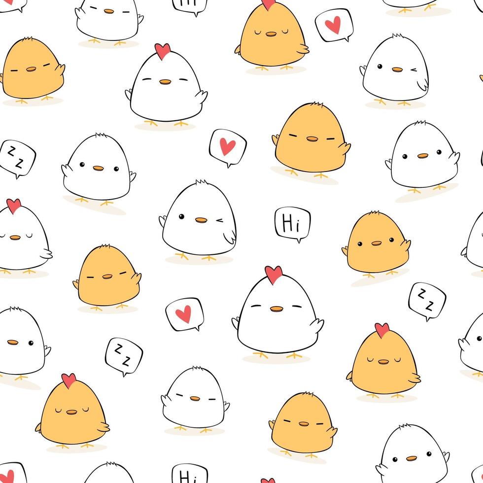 Cute chubby chicken and rooster cartoon doodle seamless pattern vector