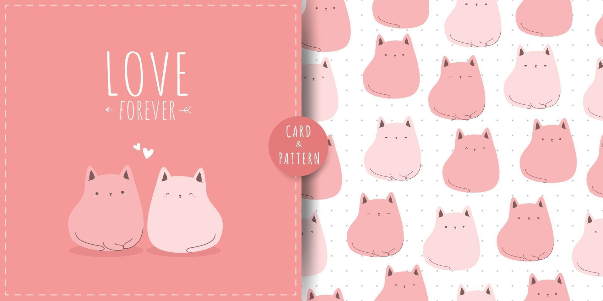 lindo gato gordito gatito tarjeta de dibujos animados paquete de patrones sin fisuras vector