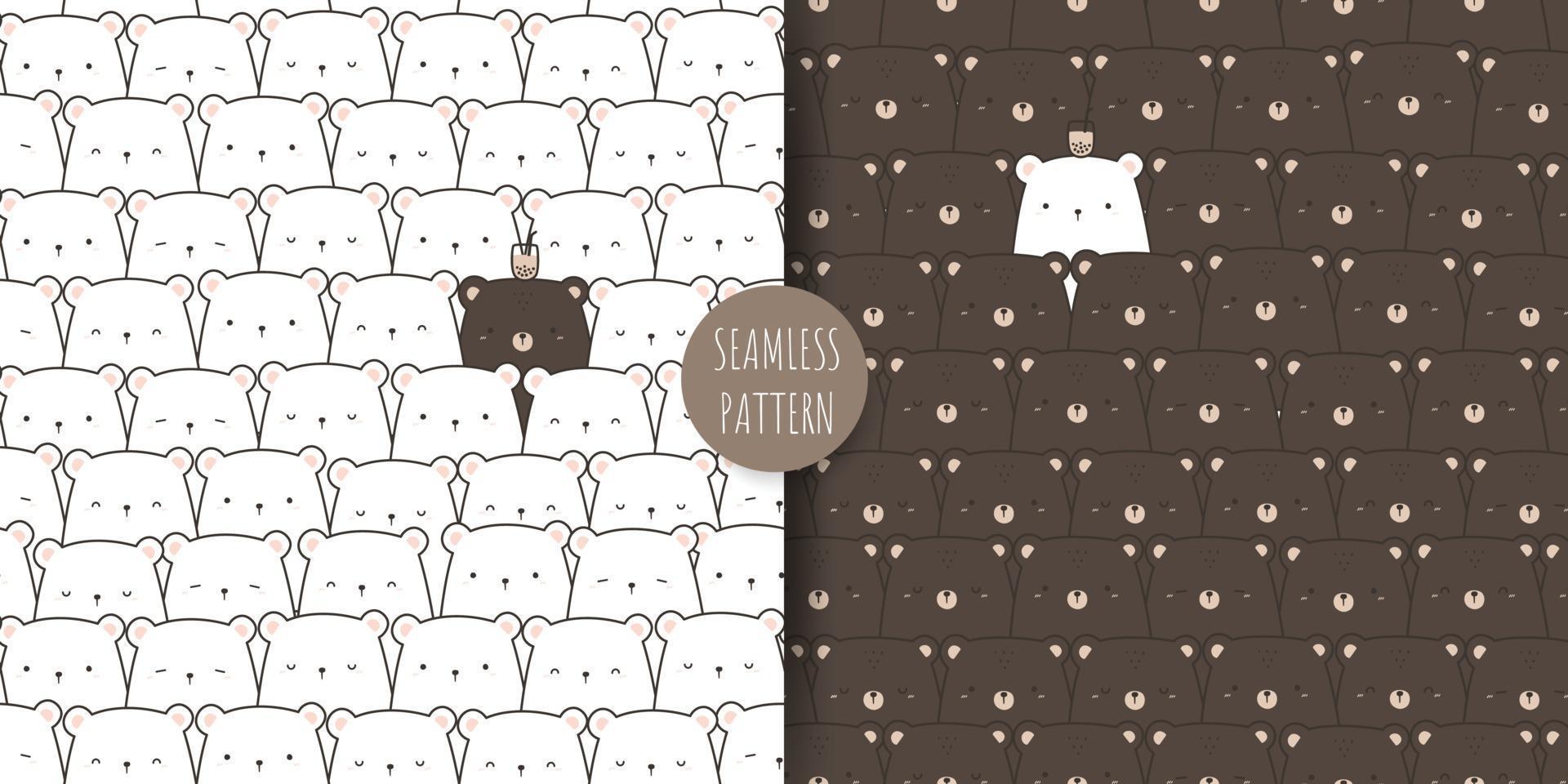 Cute teddy bear and polar bear cartoon doodle seamless pattern bundle vector