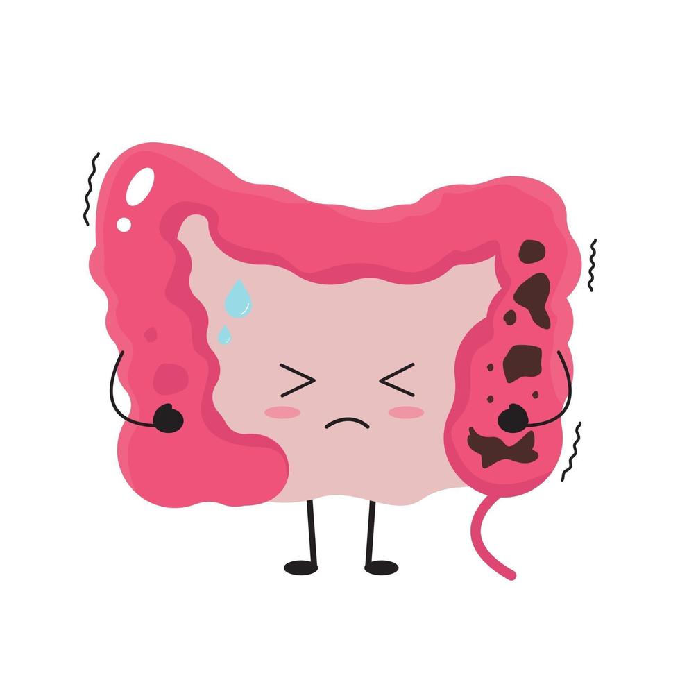 Kawaii guts full of undigested food and waste. Constipation concept. vector