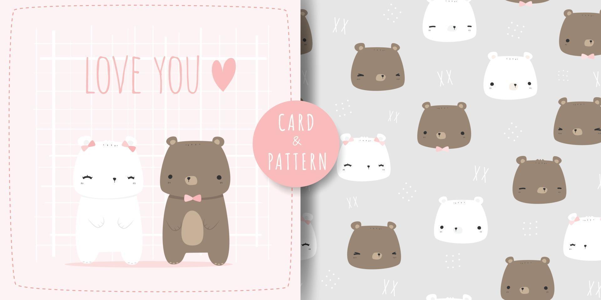 Cute teddy bear and polar bear love couple cartoon card and seamless pattern bundle vector