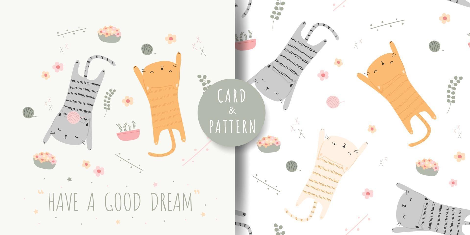 lindo gato gatito durmiendo dibujos animados tarjeta de color pastel y paquete de patrones sin fisuras vector