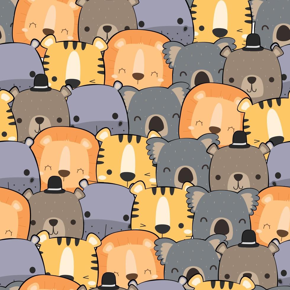 Cute animals lion koala hippo tiger bear cartoon doodle seamless pattern vector