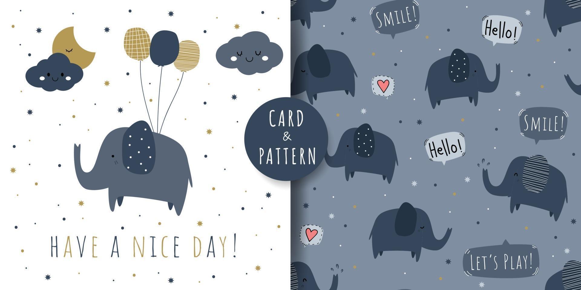 Cute elephant greeting cartoon card and seamless pattern vector