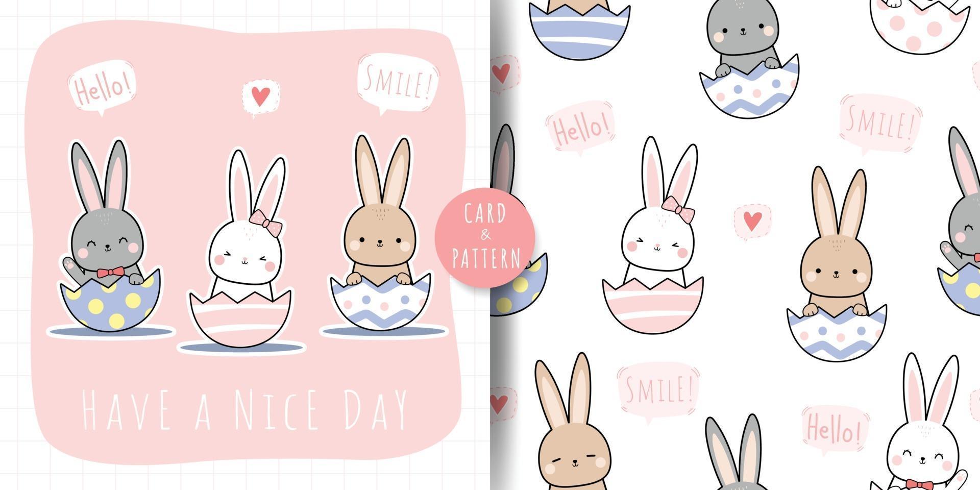 Lindo conejito de conejo sentado en la tarjeta de doodle de dibujos animados de cáscara de huevo de Pascua y patrón sin costuras vector