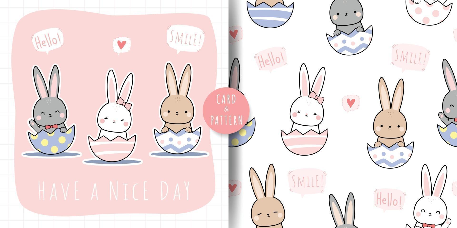 Cute rabbit bunny sitting in easter egg shell cartoon doodle card and seamless pattern vector