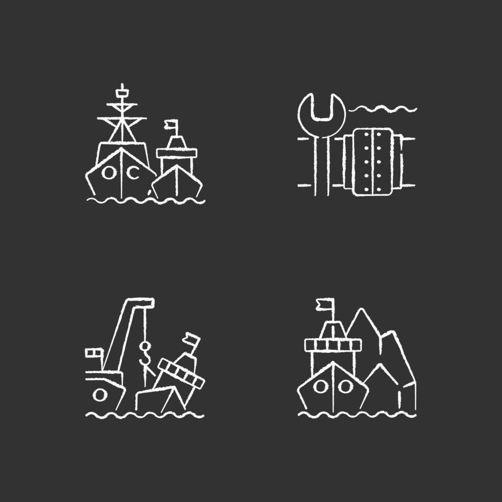 Estructuras marítimas y regulación iconos de tiza blanca sobre fondo negro vector