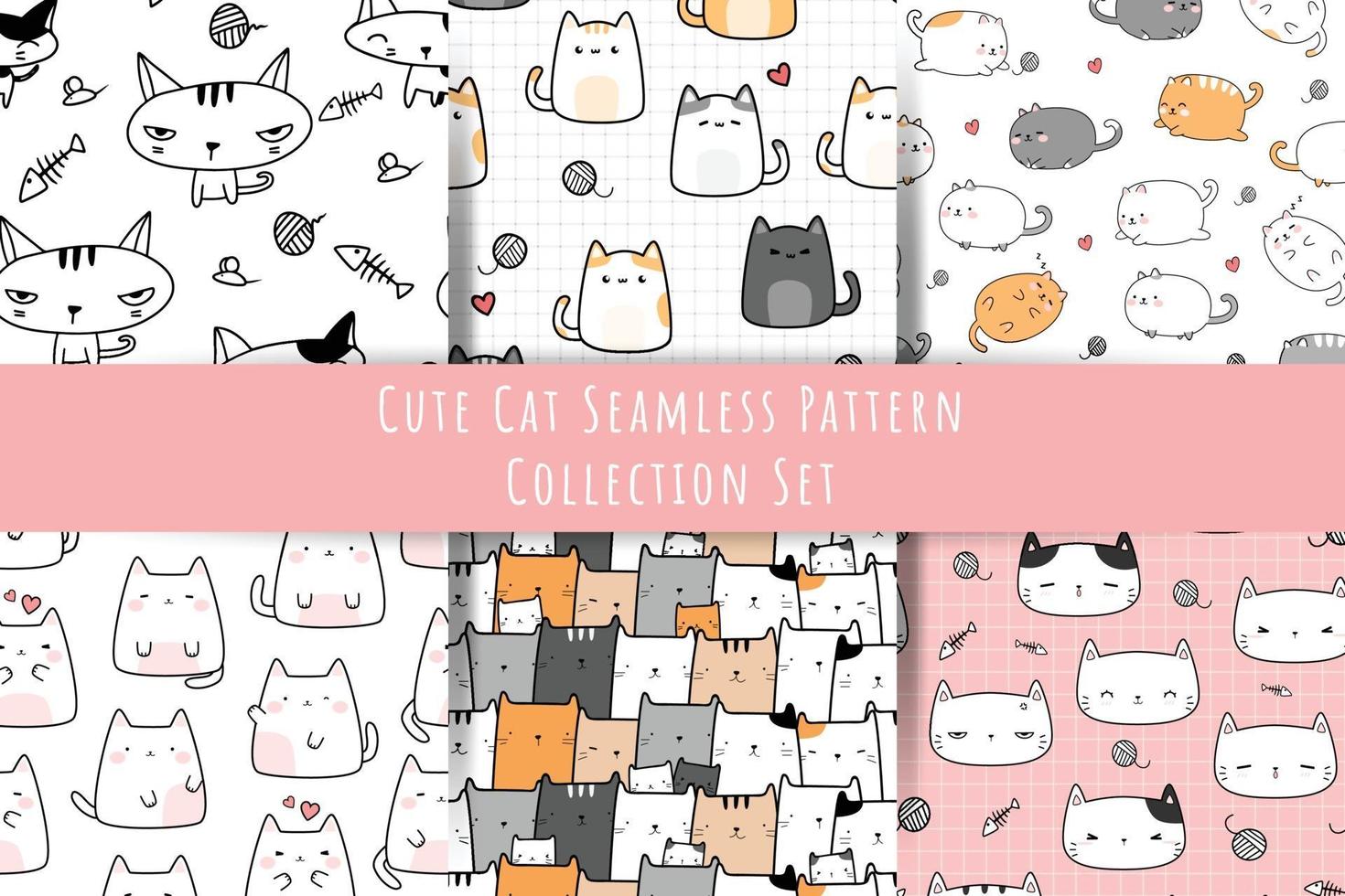 Set of Cute cat kitten cartoon doodle seamless pattern bundle vector