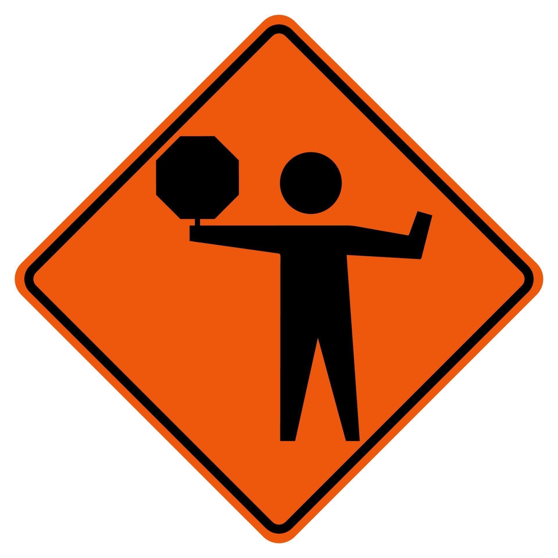 Flaggers In Road Ahead Warning Traffic Symbol Sign Isolate on White