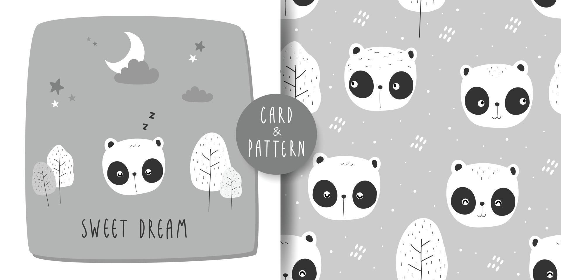 Cute panda cartoon card and seamless pattern bundle vector