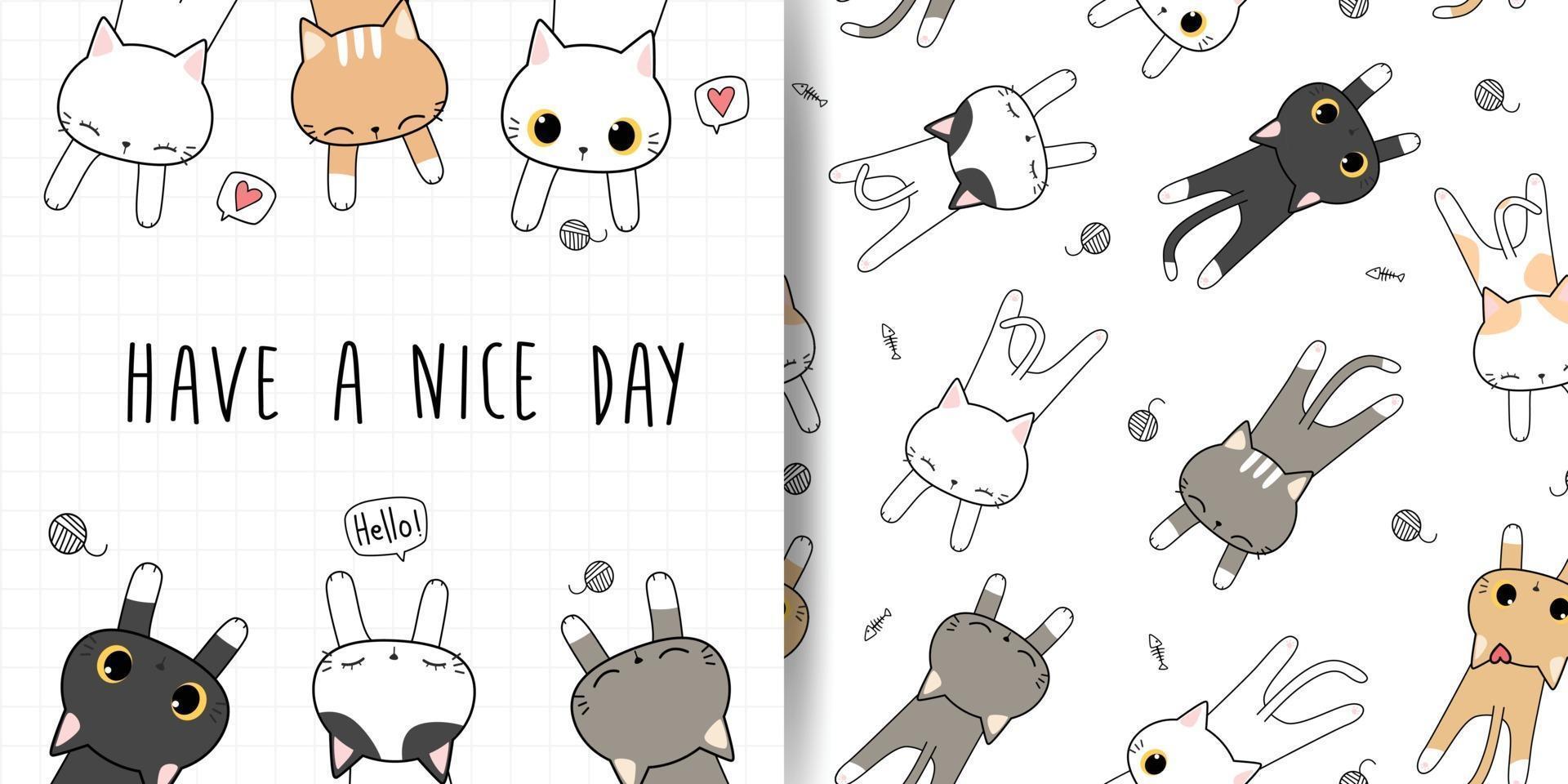 Tarjeta de doodle de dibujos animados lindo gato gatito y paquete de patrones sin fisuras vector