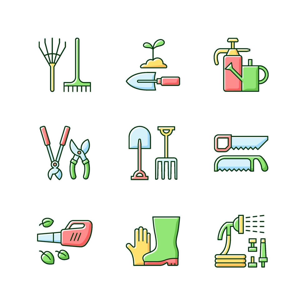 Gardening equipment RGB color icons set vector