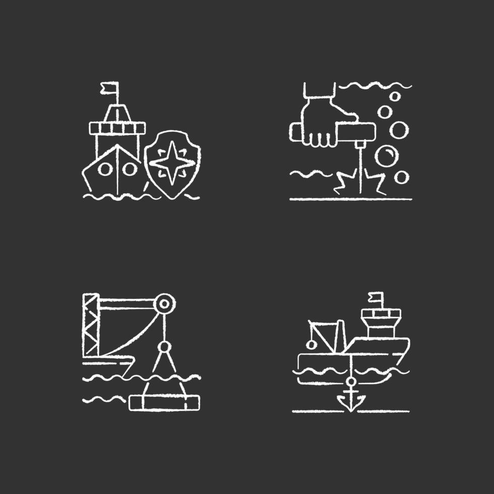 Iconos de tiza blanca de la industria marítima en fondo negro vector