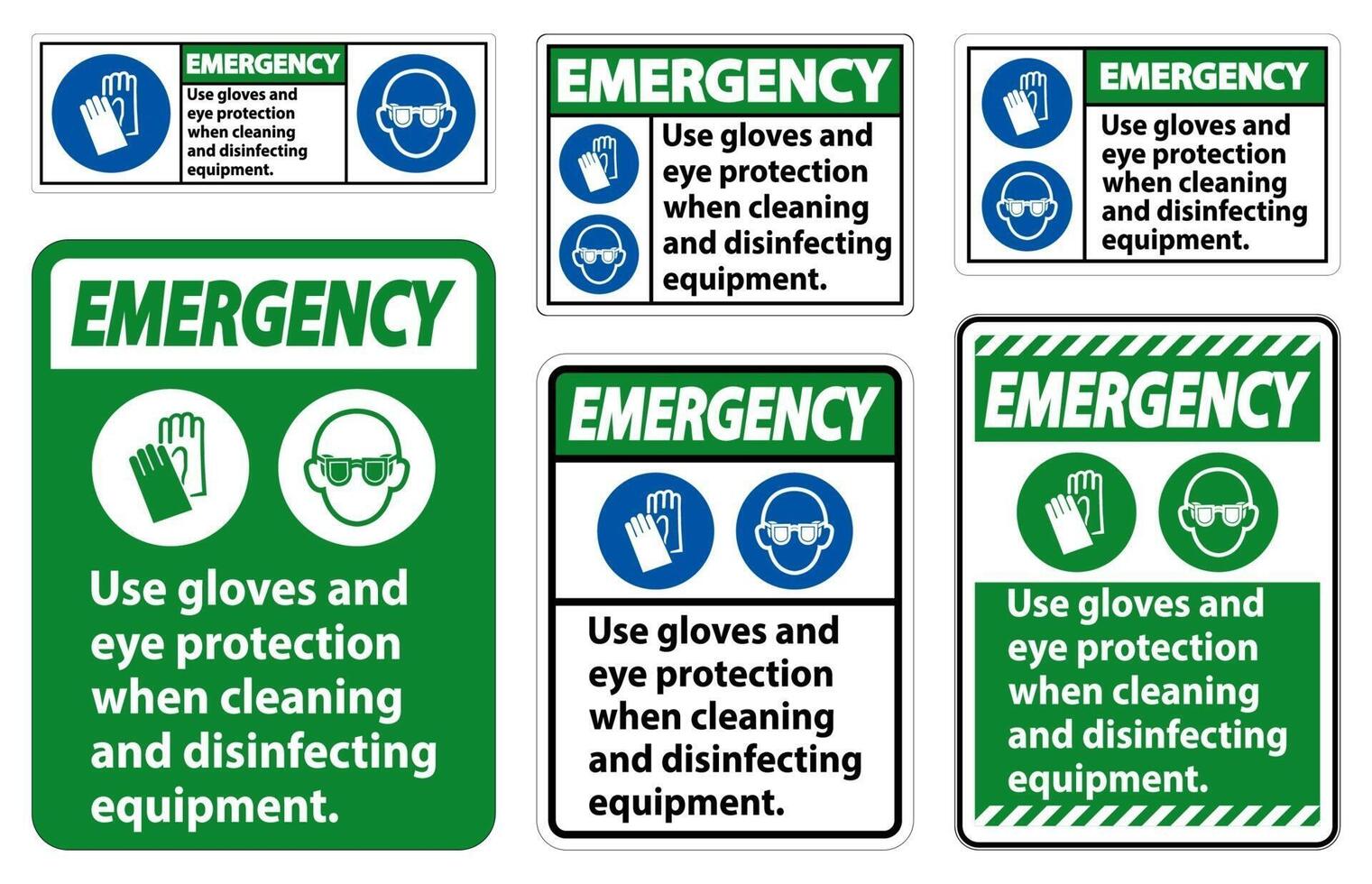 Guantes de uso de emergencia y signo de protección ocular sobre fondo blanco. vector