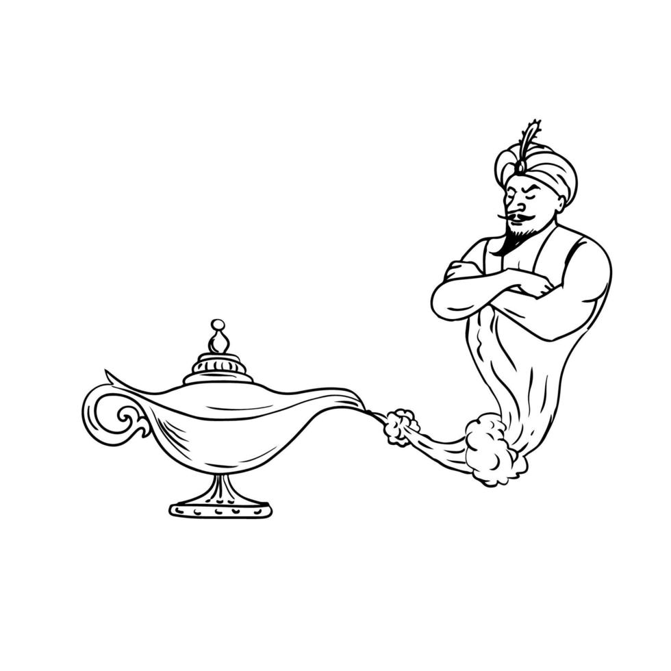 Genie Coming Out of Oil Lamp Black and White Drawing vector