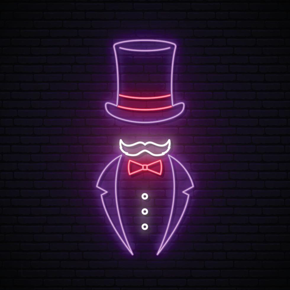 Gentleman neon sign. Bright signboard with cylinder hat and tuxedo. Vector emblem for barbershop, men's club and men's clothing store.