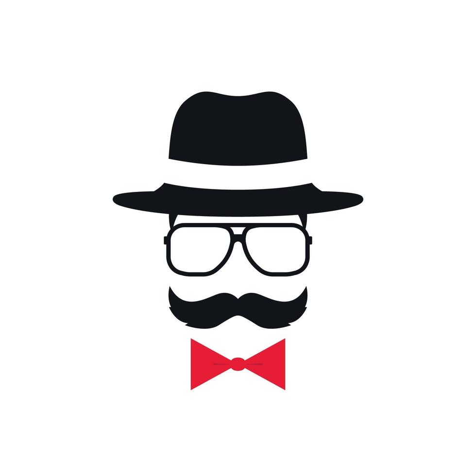 hipster con sombrero, gafas y pajarita roja. retrato de hombre con bigote. vector