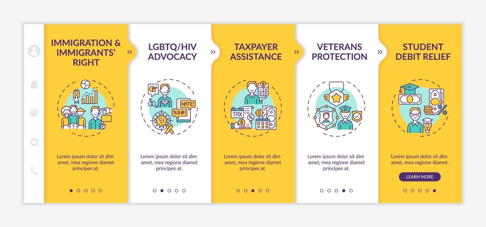 Legal services types onboarding vector template