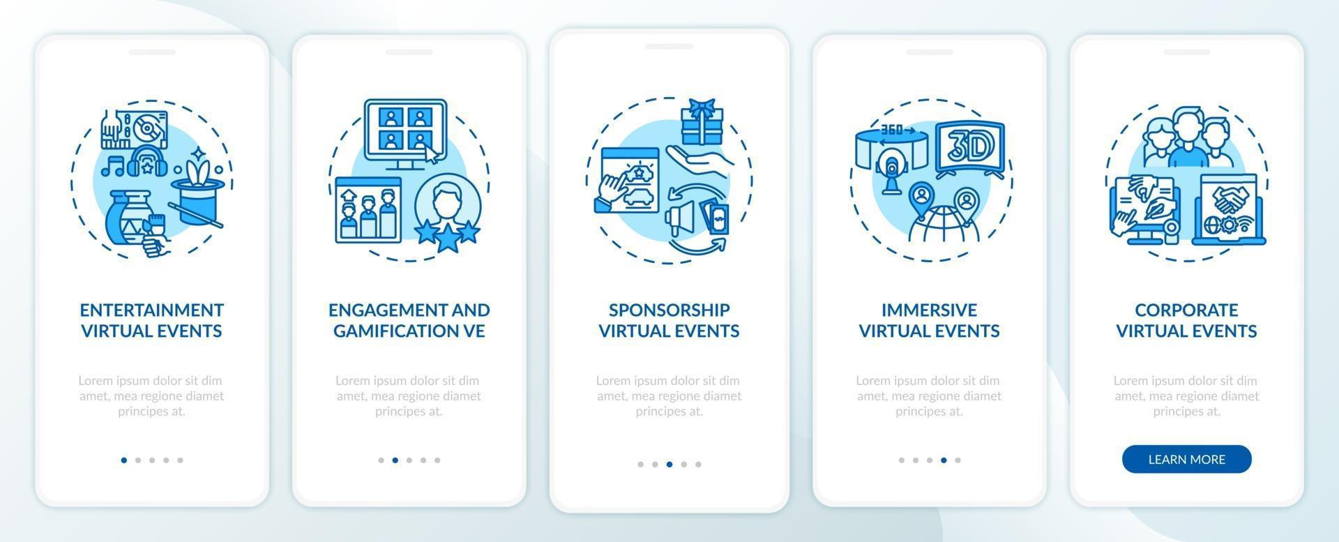 Remote events types onboarding mobile app page screen with concepts vector