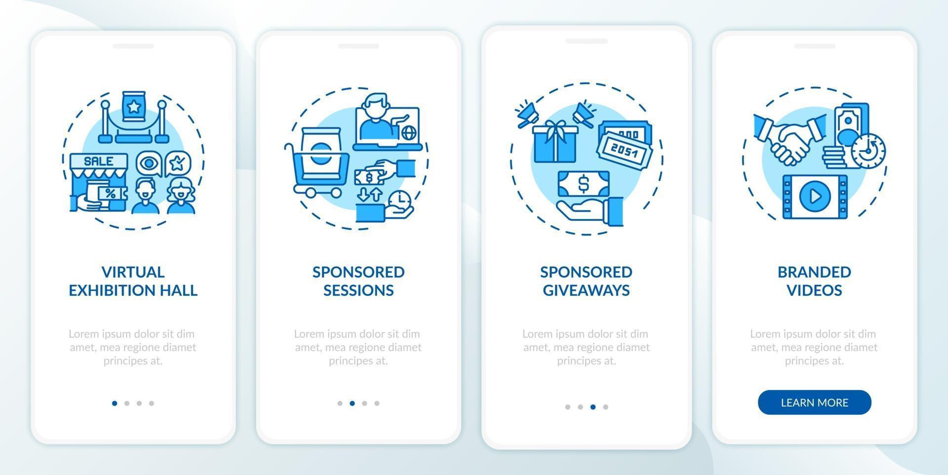 Sponsorship remote events ideas onboarding mobile app page screen with concepts vector
